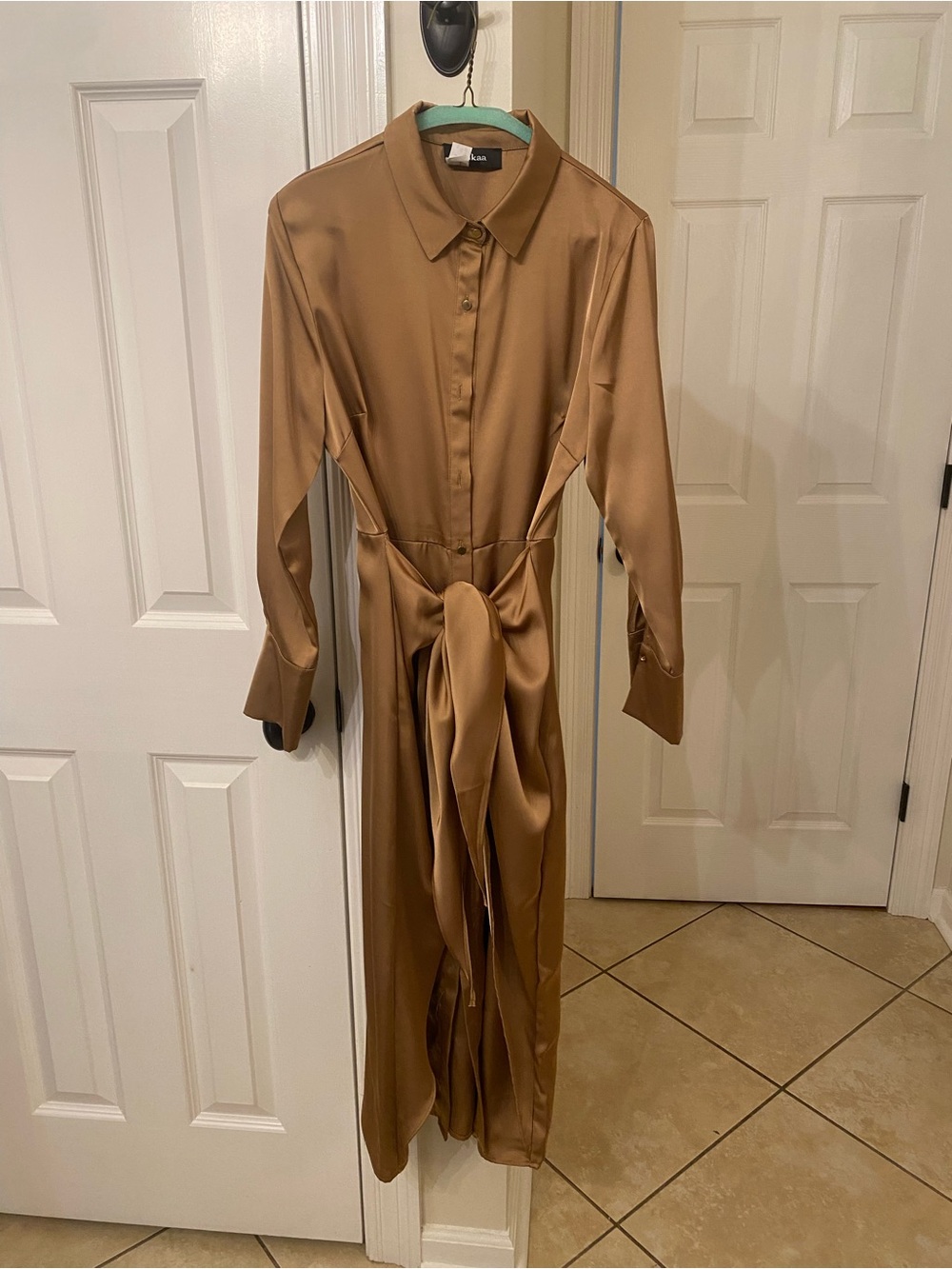 Aakaa Women's Satin-Look Long Shirt Dress in Tan Brown. Waist tie is adjustable.